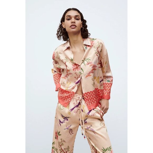 Zara Tops - NWOT Zara champagne and coral floral, nature printed PJ inspired blouse, L